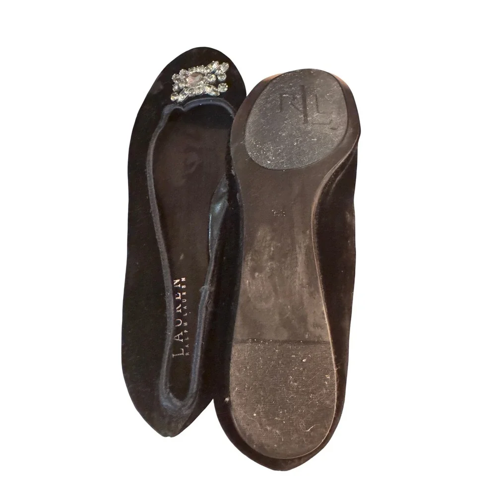 Lauren Ralph Lauren Black‎ Velvet Rhinestone Ballet Flats Shoes Women Size 9.5